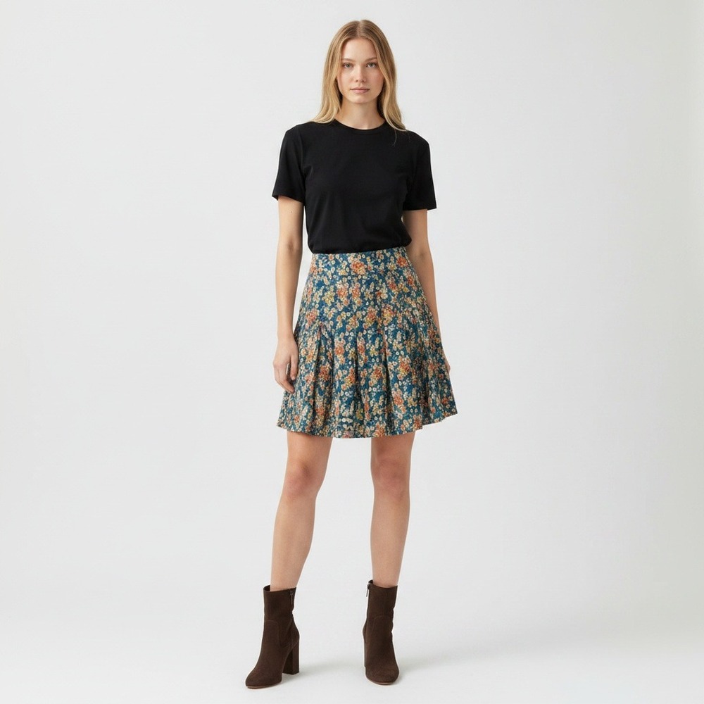 Fat Face Teal Blue Floral Pleated Mini Skirt Womens Size 8 A-Line Lined